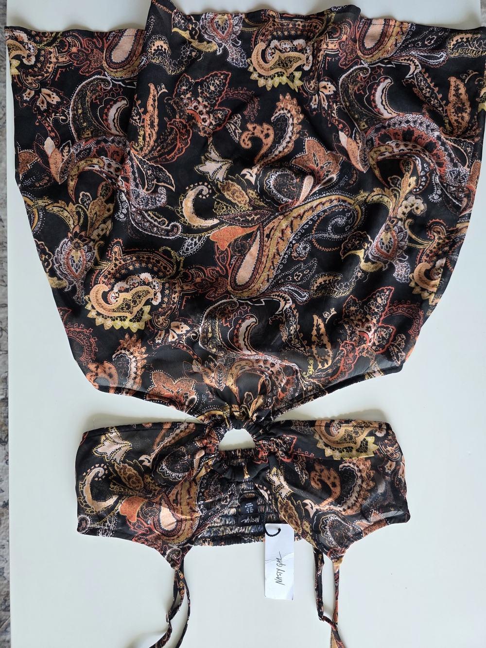 Nasty Gal Black Paisley Tie-Front Crop Top with Rust & Mustard Accents